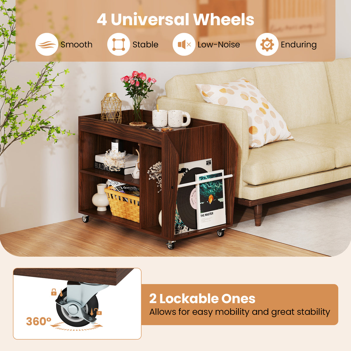3-Tier Side End Table with Wheels, Walnut