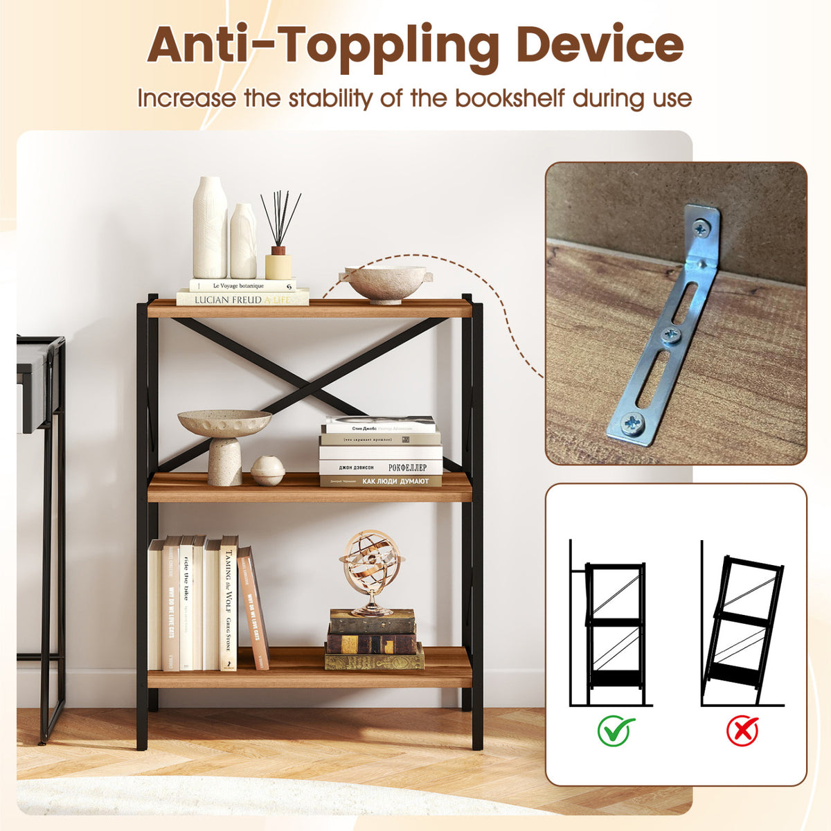 3-Tier Bookshelf with Heavy-Duty Metal Frame