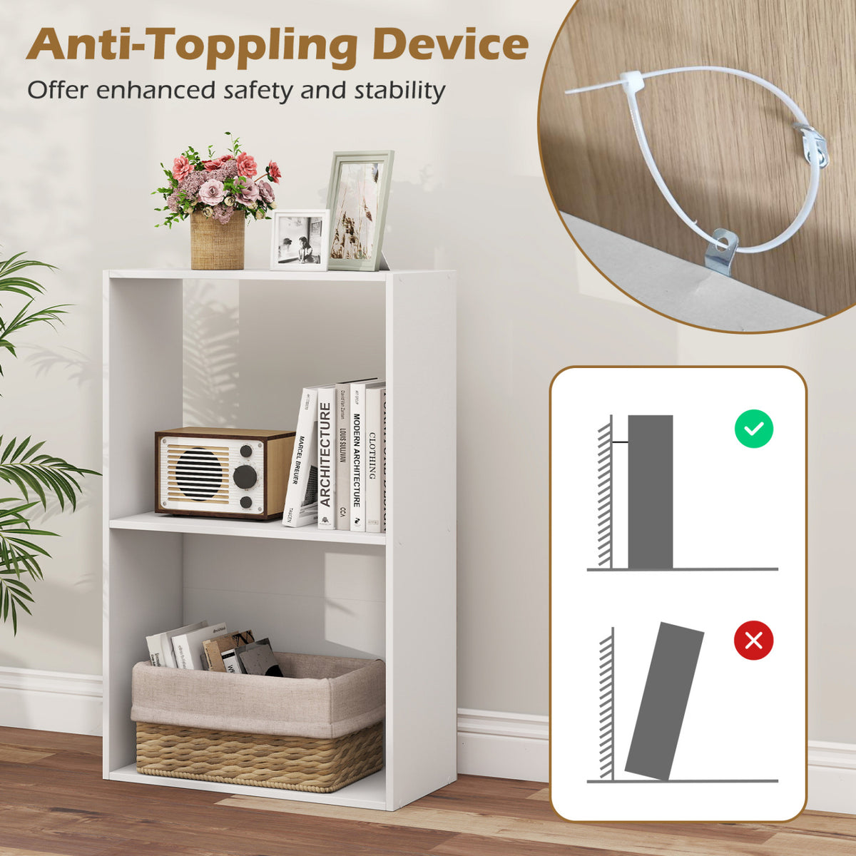 3-Tier Bookshelf with Storage Compartment - White