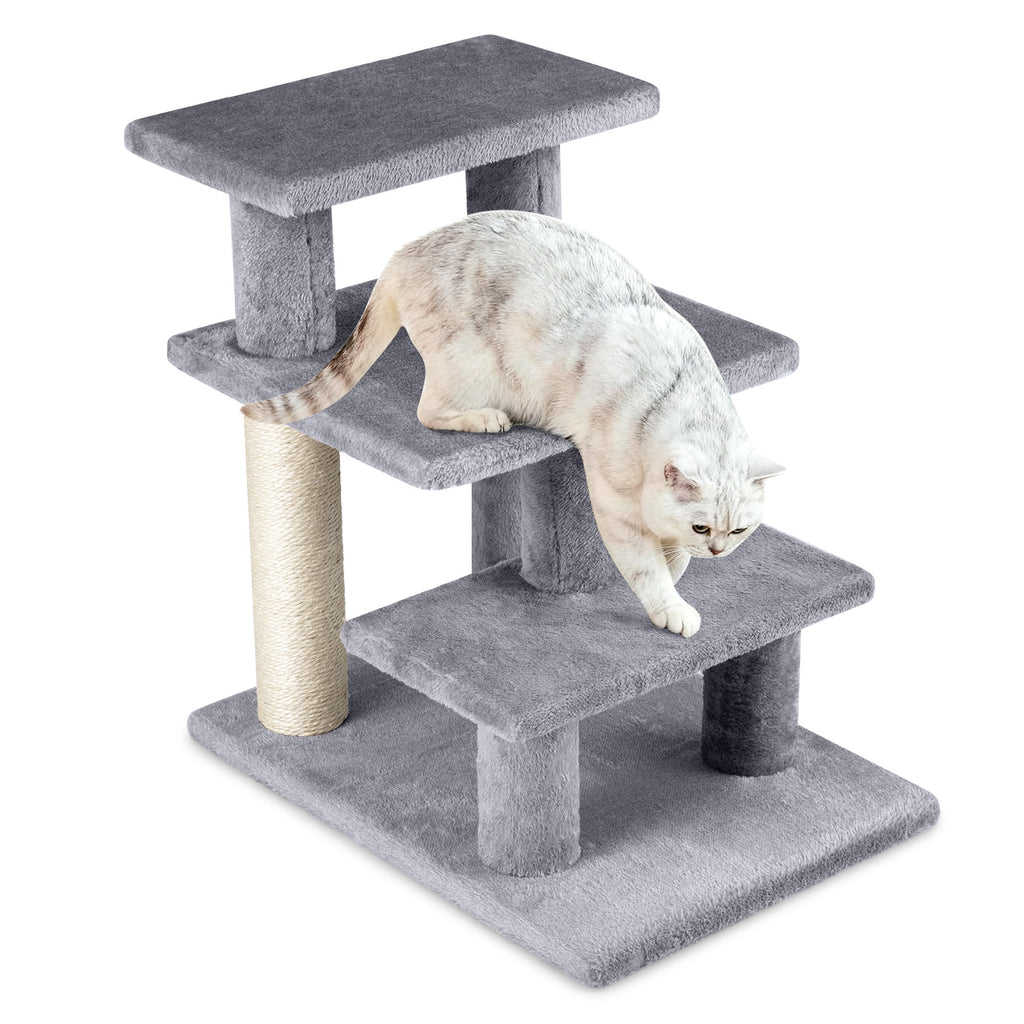 3-Tier Cat Stairs with Scratching Posts - 19 Inch Plush Steps for High Bed & Sofa - Gray