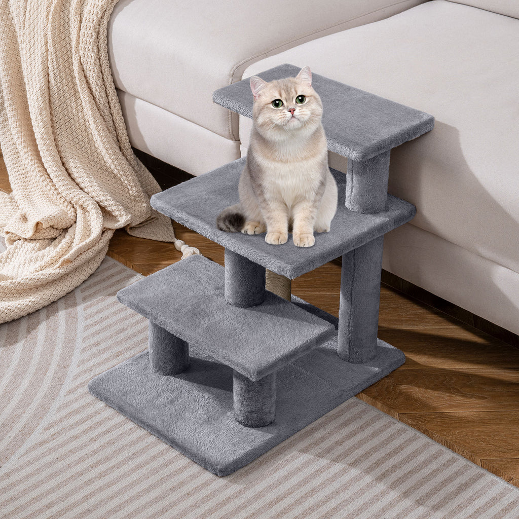3-Tier Cat Stairs with Scratching Posts - 19 Inch Plush Steps for High Bed & Sofa - Gray
