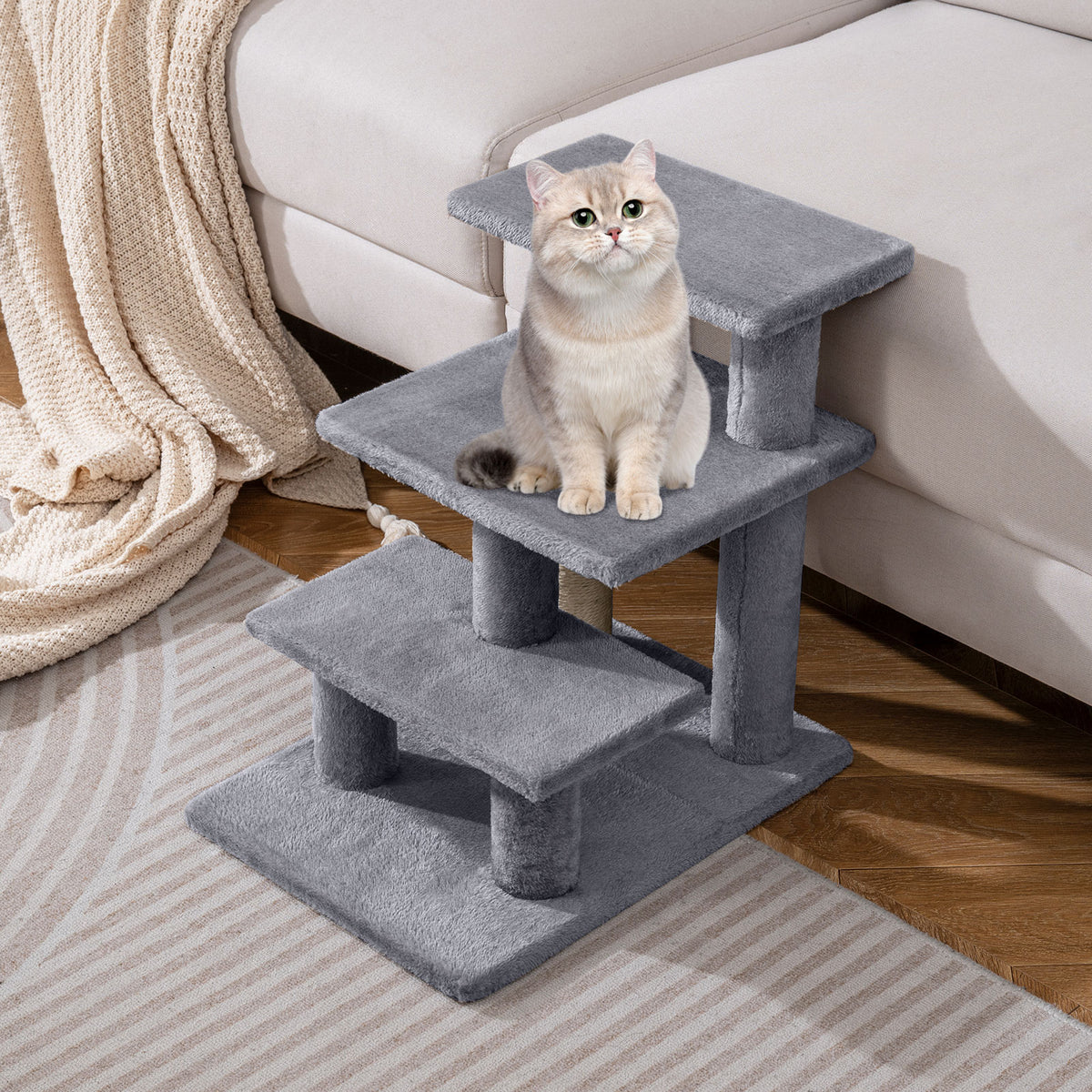 3-Tier Cat Stairs with Scratching Posts - 19 Inch Plush Steps for High Bed & Sofa - Gray
