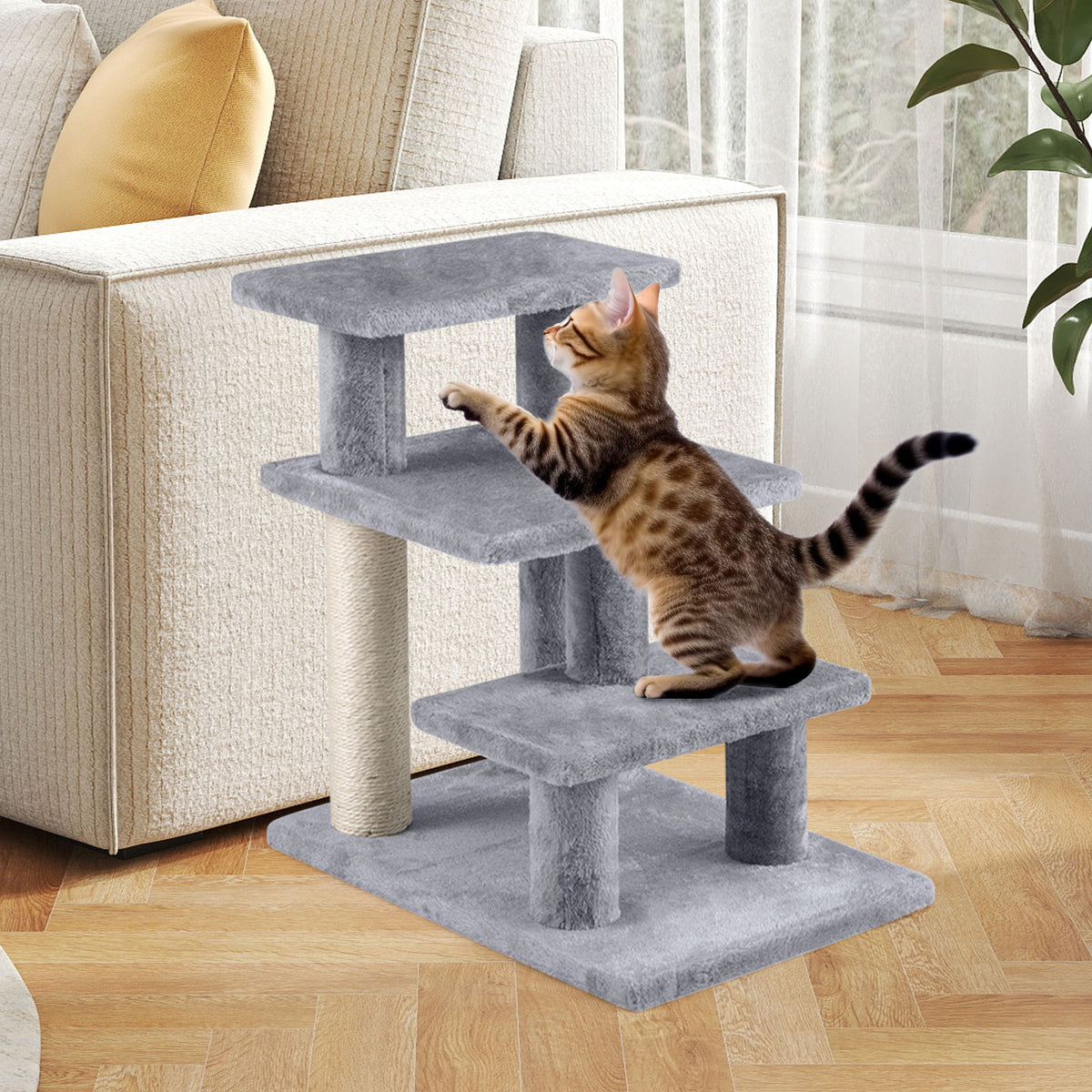 3-Tier Cat Stairs with Scratching Posts - 19 Inch Plush Steps for High Bed & Sofa - Gray
