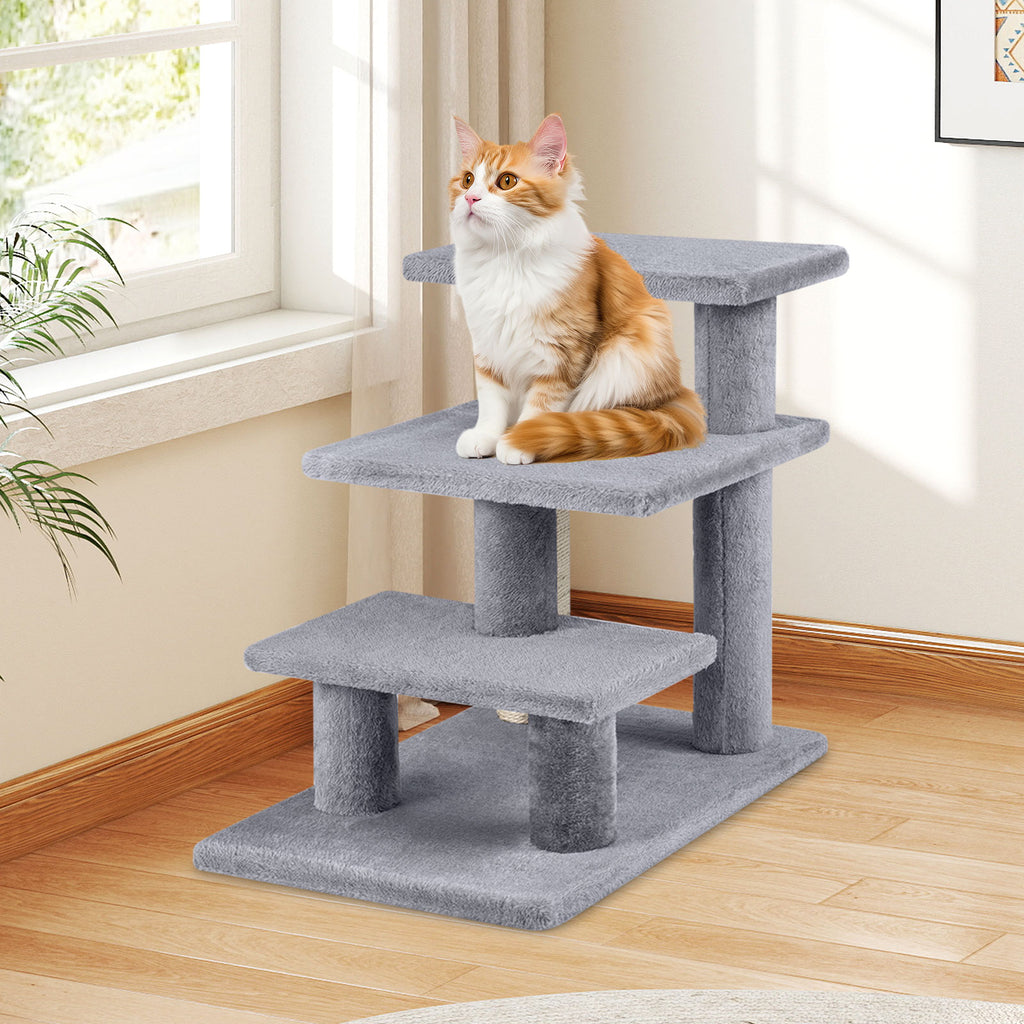 3-Tier Cat Stairs with Scratching Posts - 19 Inch Plush Steps for High Bed & Sofa - Gray