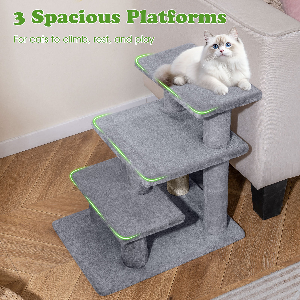 3-Tier Cat Stairs with Scratching Posts - 19 Inch Plush Steps for High Bed & Sofa - Gray