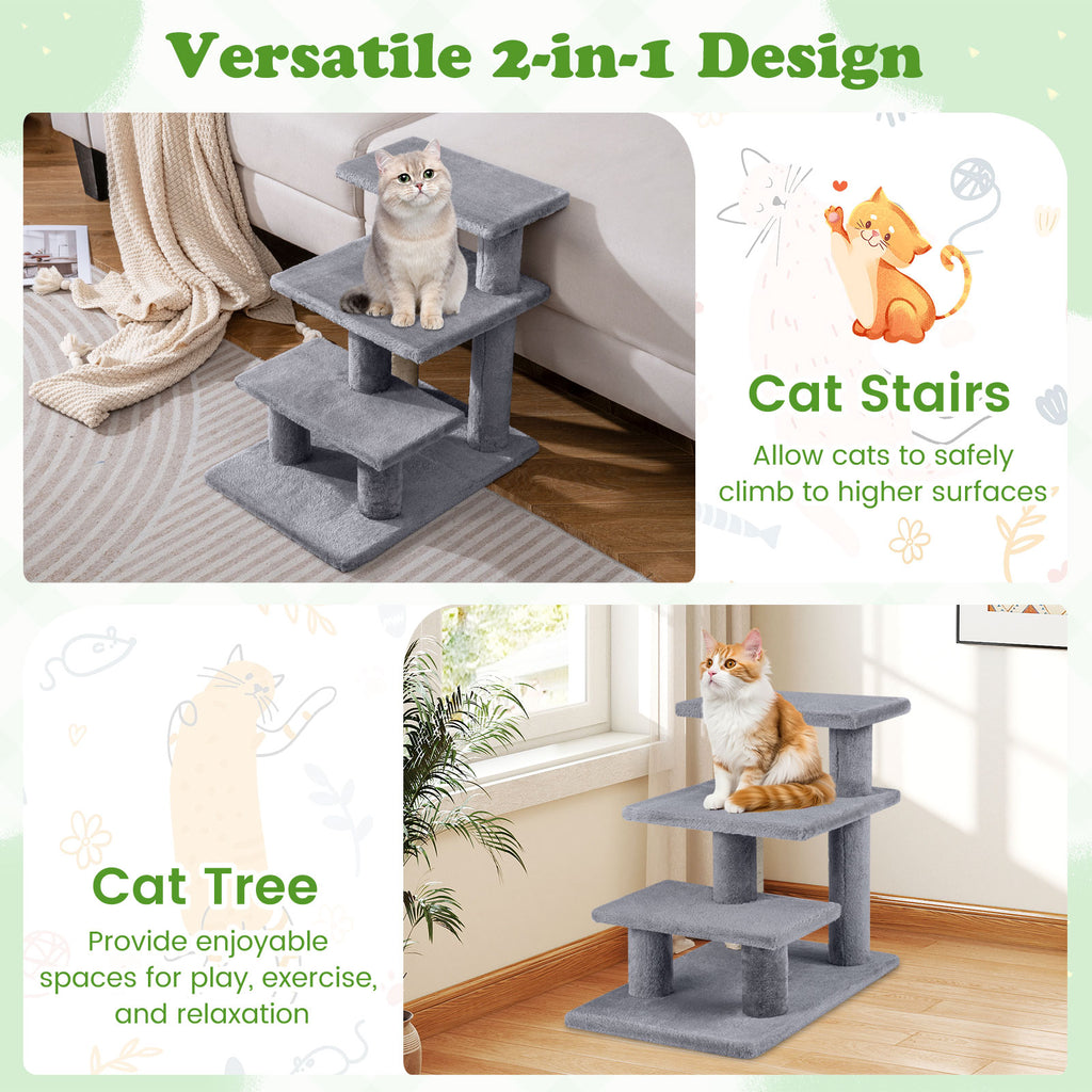 3-Tier Cat Stairs with Scratching Posts - 19 Inch Plush Steps for High Bed & Sofa - Gray