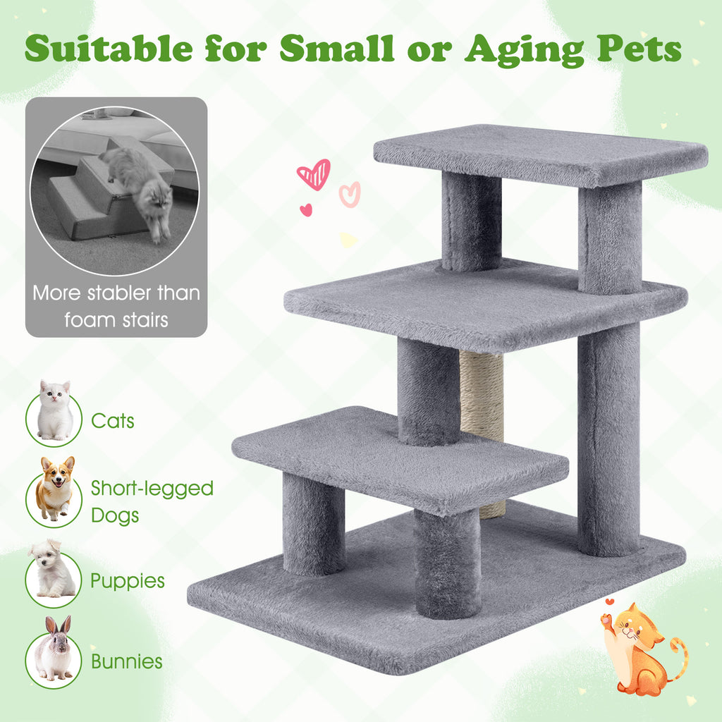 3-Tier Cat Stairs with Scratching Posts - 19 Inch Plush Steps for High Bed & Sofa - Gray