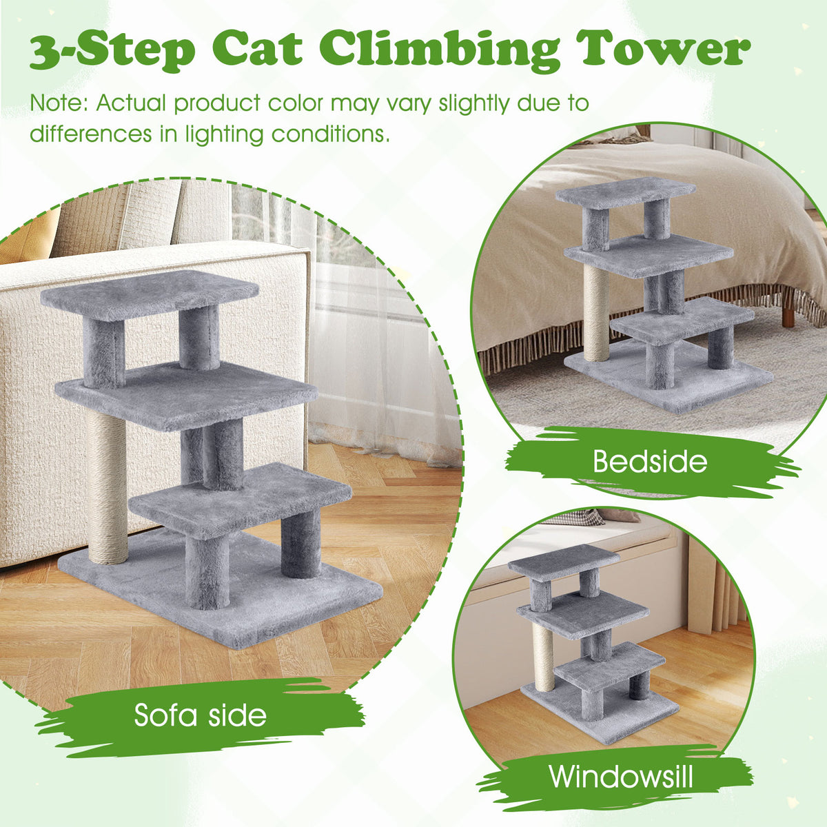 3-Tier Cat Stairs with Scratching Posts - 19 Inch Plush Steps for High Bed & Sofa - Gray