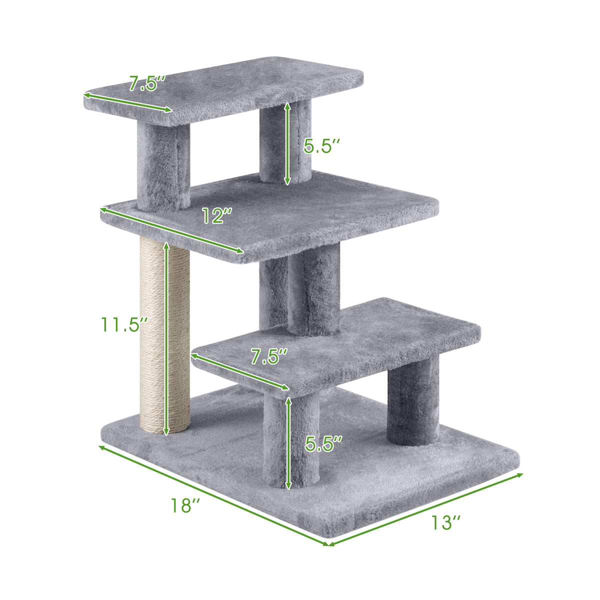 3-Tier Cat Stairs with Scratching Posts - 19 Inch Plush Steps for High Bed & Sofa - Gray
