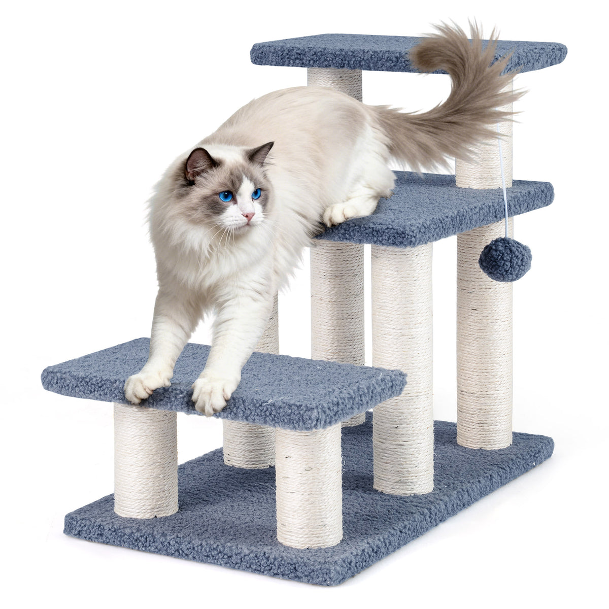Gray 3-Tier Cat Stairs 20 Inch with Scratching Posts & Hanging Toy Ball - Pet Climber & Lounge