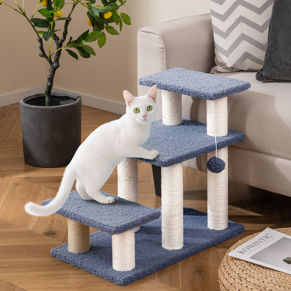 Gray 3-Tier Cat Stairs 20 Inch with Scratching Posts & Hanging Toy Ball - Pet Climber & Lounge