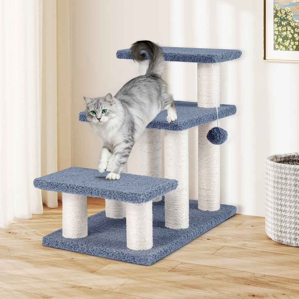 Gray 3-Tier Cat Stairs 20 Inch with Scratching Posts & Hanging Toy Ball - Pet Climber & Lounge