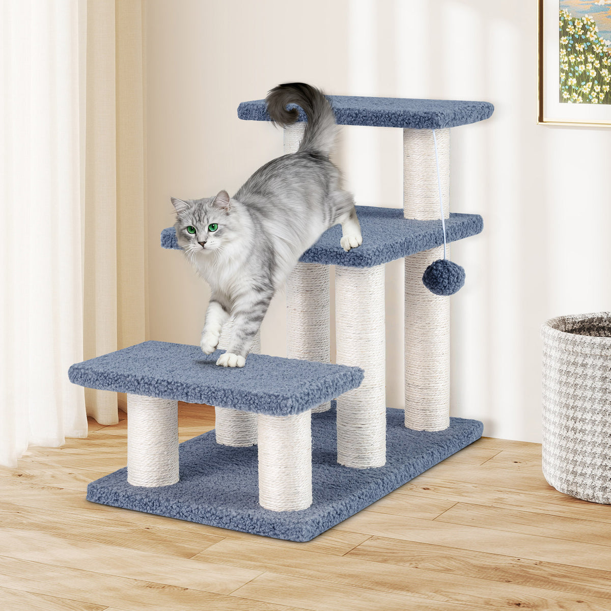 Gray 3-Tier Cat Stairs 20 Inch with Scratching Posts & Hanging Toy Ball - Pet Climber & Lounge