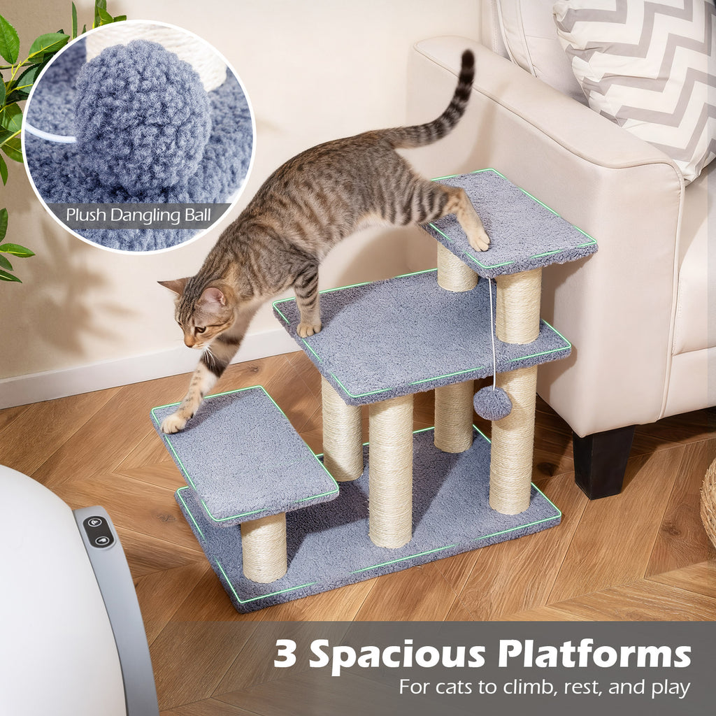 Gray 3-Tier Cat Stairs 20 Inch with Scratching Posts & Hanging Toy Ball - Pet Climber & Lounge