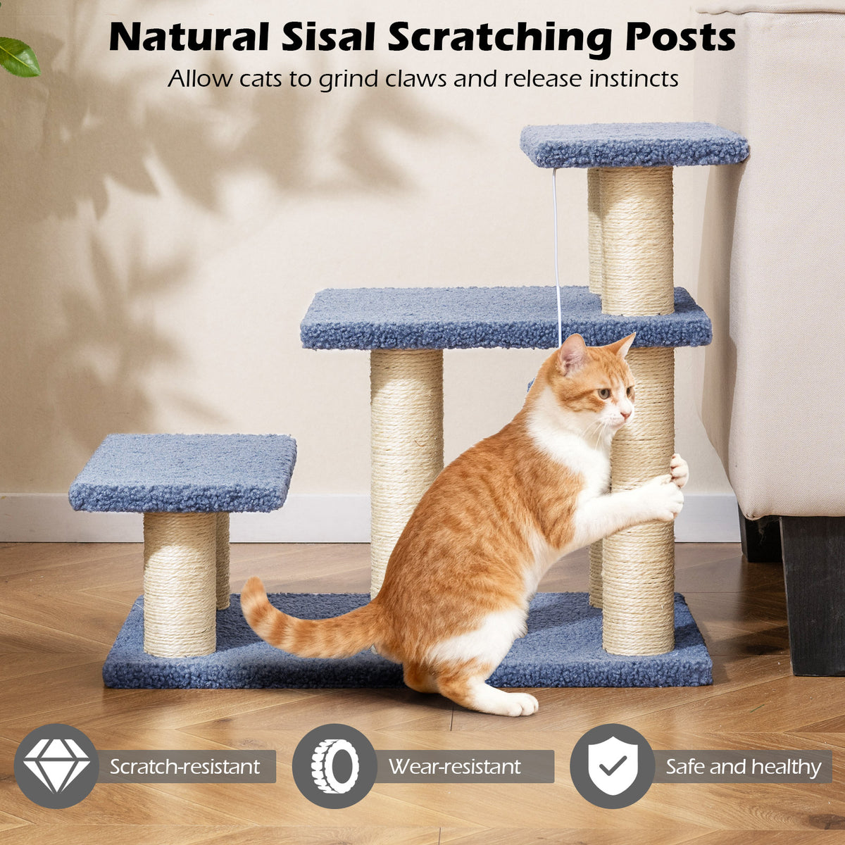 Gray 3-Tier Cat Stairs 20 Inch with Scratching Posts & Hanging Toy Ball - Pet Climber & Lounge