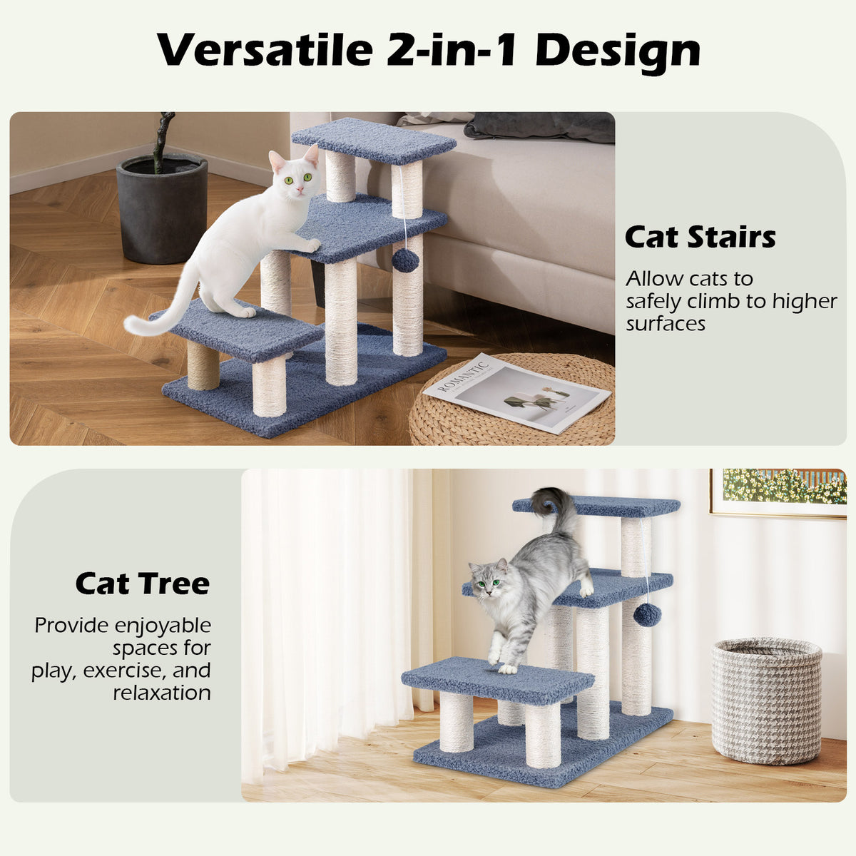 Gray 3-Tier Cat Stairs 20 Inch with Scratching Posts & Hanging Toy Ball - Pet Climber & Lounge