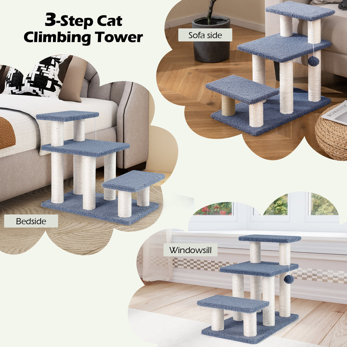 Gray 3-Tier Cat Stairs 20 Inch with Scratching Posts & Hanging Toy Ball - Pet Climber & Lounge