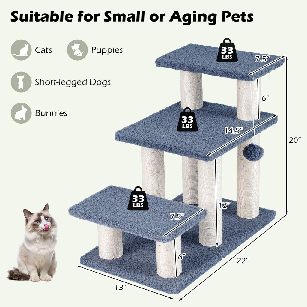 Gray 3-Tier Cat Stairs 20 Inch with Scratching Posts & Hanging Toy Ball - Pet Climber & Lounge