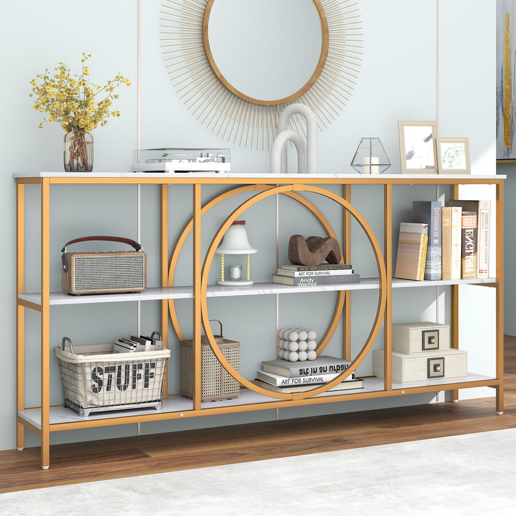 3-Tier Console Table with Faux Marble Top, Rustic Brown