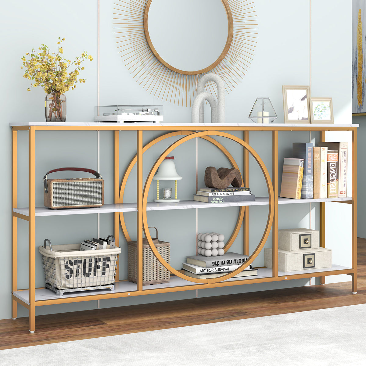 3-Tier Console Table with Faux Marble Top, Rustic Brown