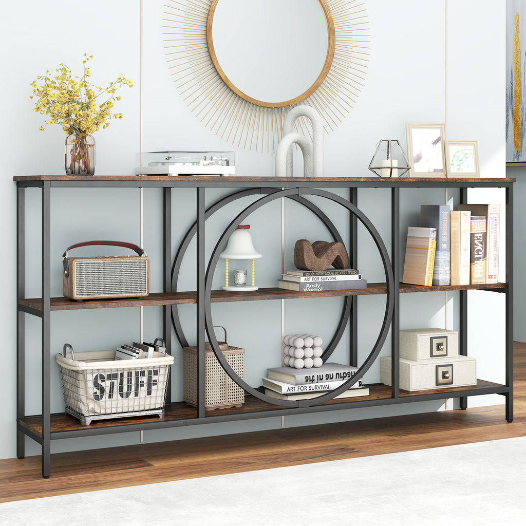 3-Tier Console Table with Faux Marble Top, Rustic Brown