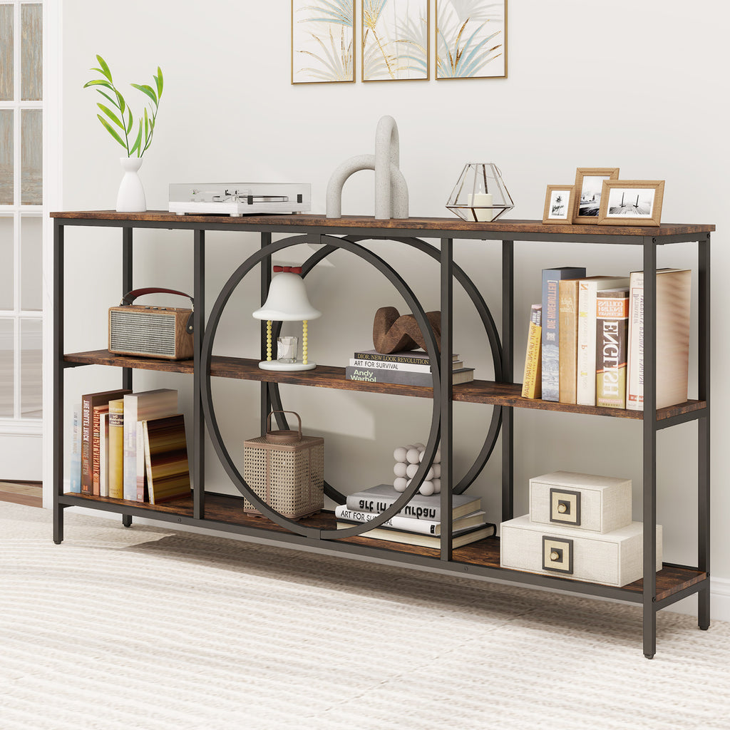 3-Tier Console Table with Faux Marble Top, Rustic Brown