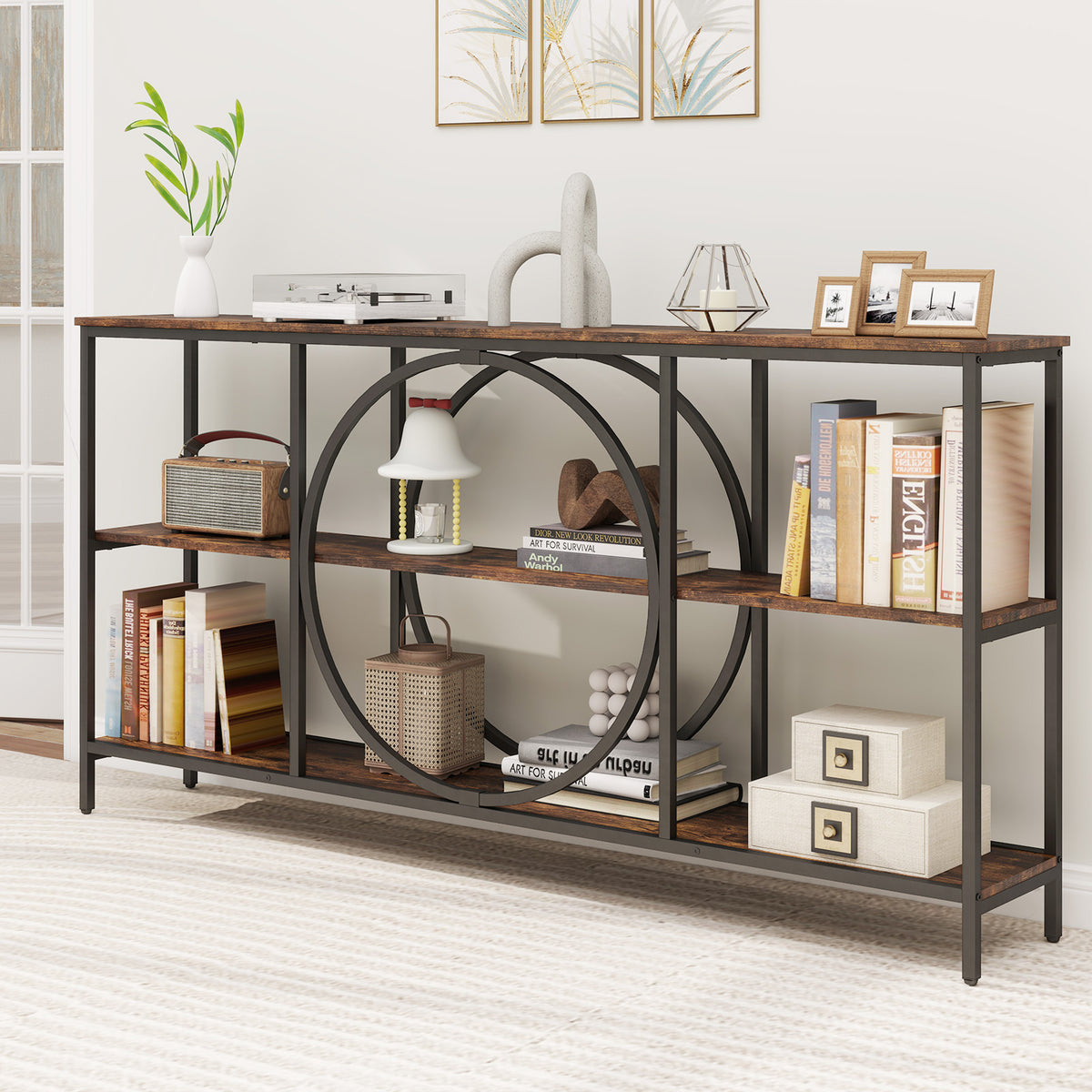 3-Tier Console Table with Faux Marble Top, Rustic Brown