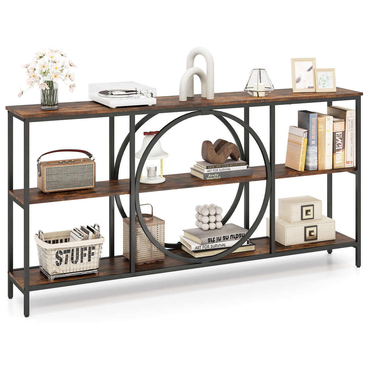 3-Tier Console Table with Faux Marble Top, Rustic Brown