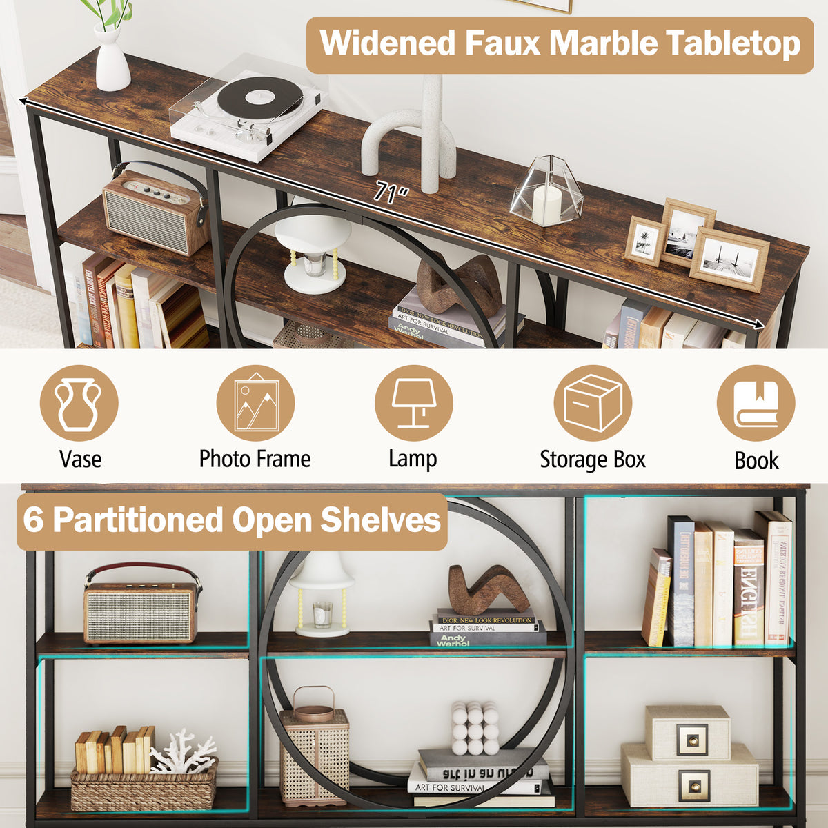 3-Tier Console Table with Faux Marble Top, Rustic Brown