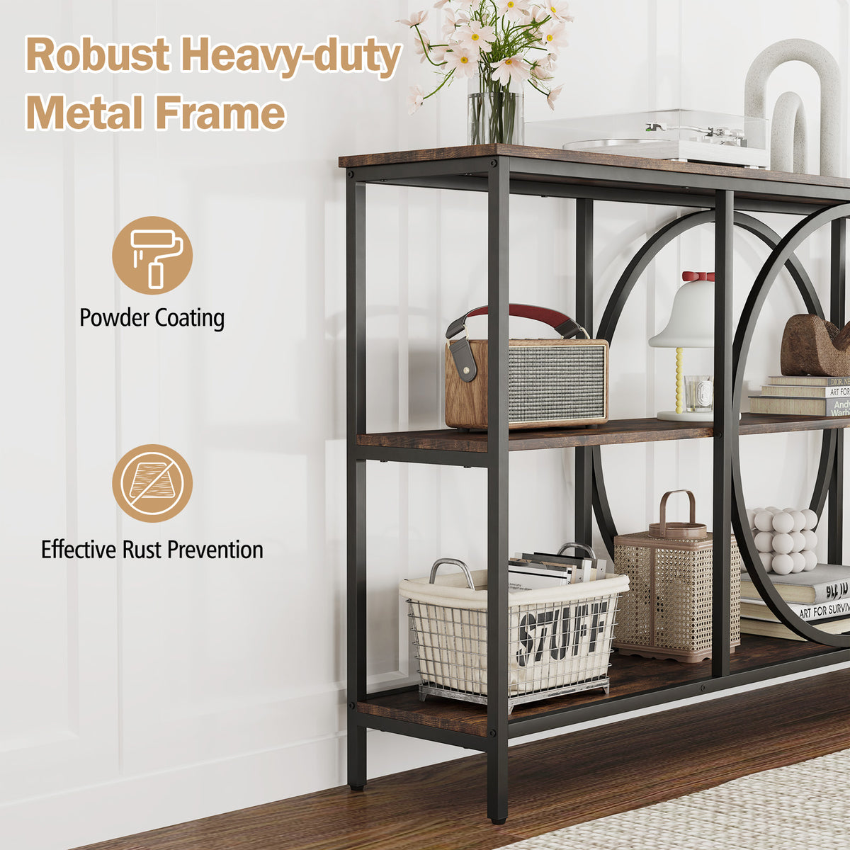 3-Tier Console Table with Faux Marble Top, Rustic Brown