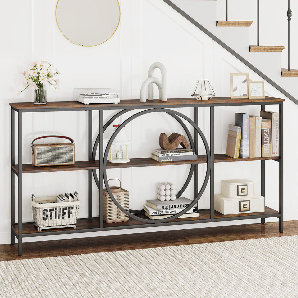 3-Tier Console Table with Faux Marble Top, Rustic Brown