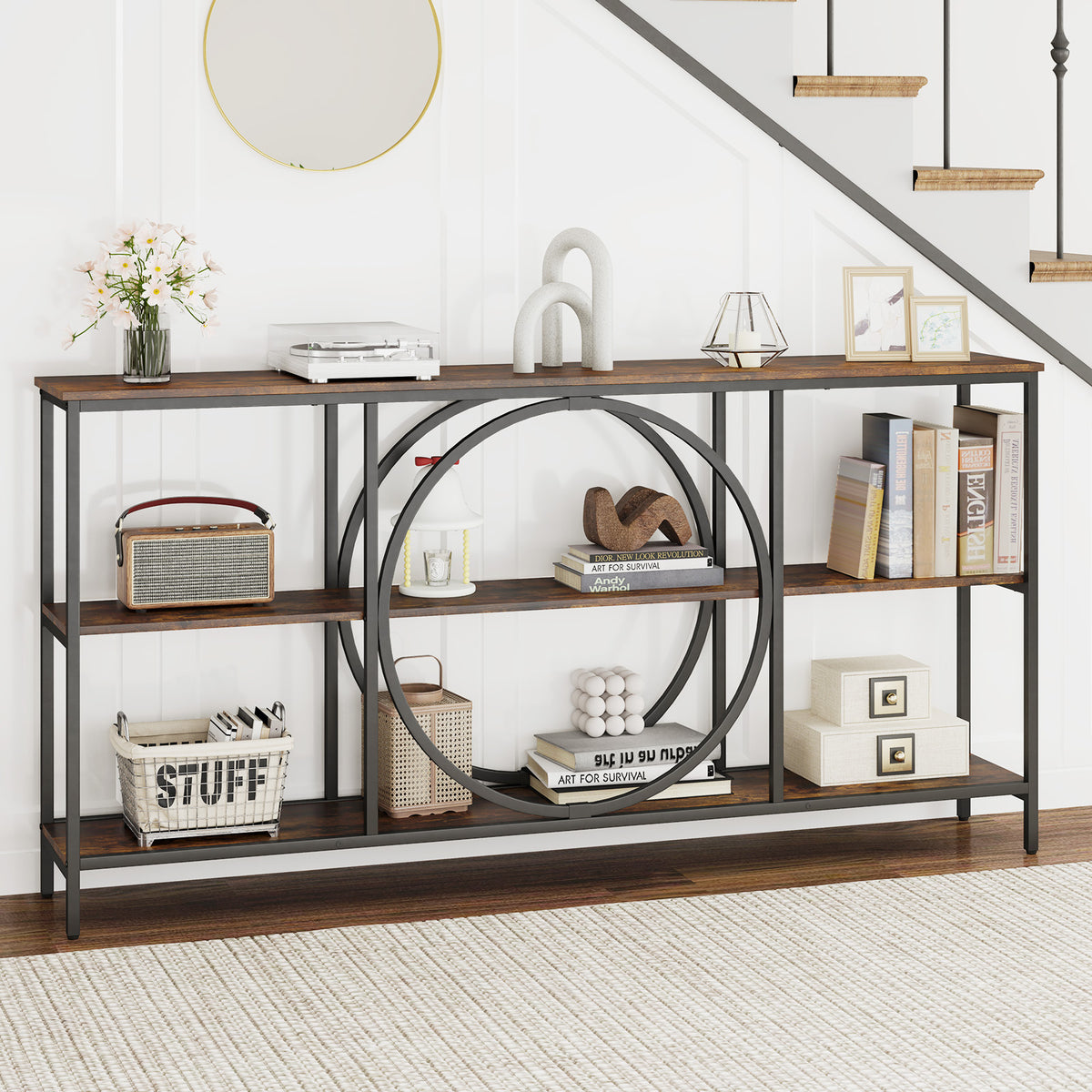 3-Tier Console Table with Faux Marble Top, Rustic Brown