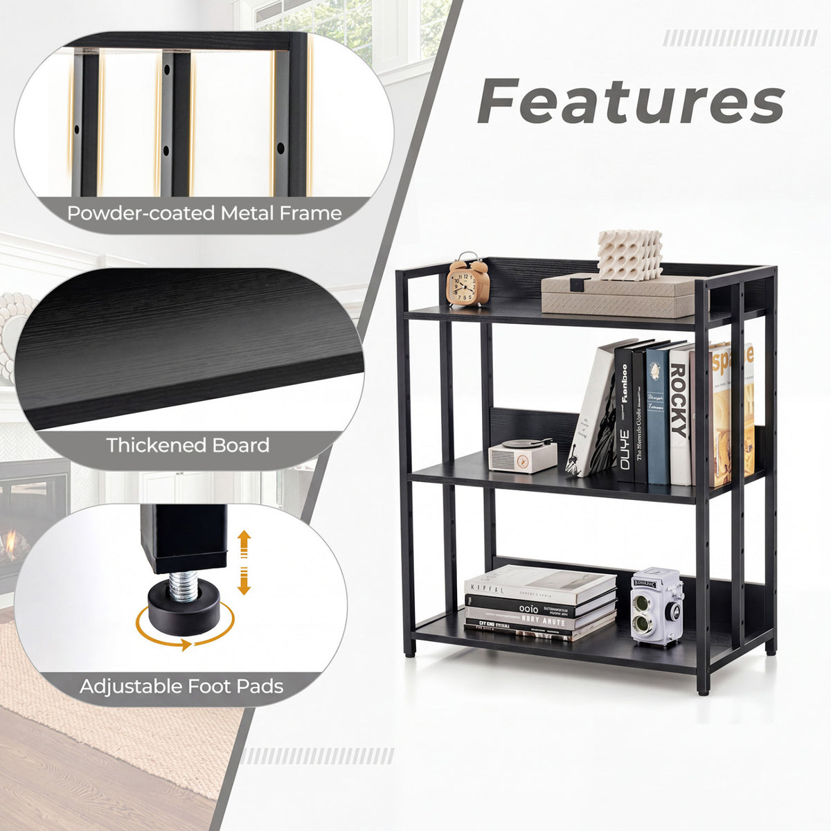 3-Tier Corner Bookshelf with Adjustable Shelves and Anti-Toppling