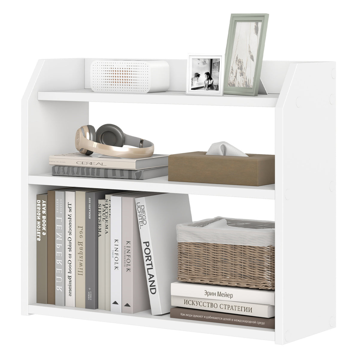 3-Tier Desktop Bookshelf with Guardrails - White