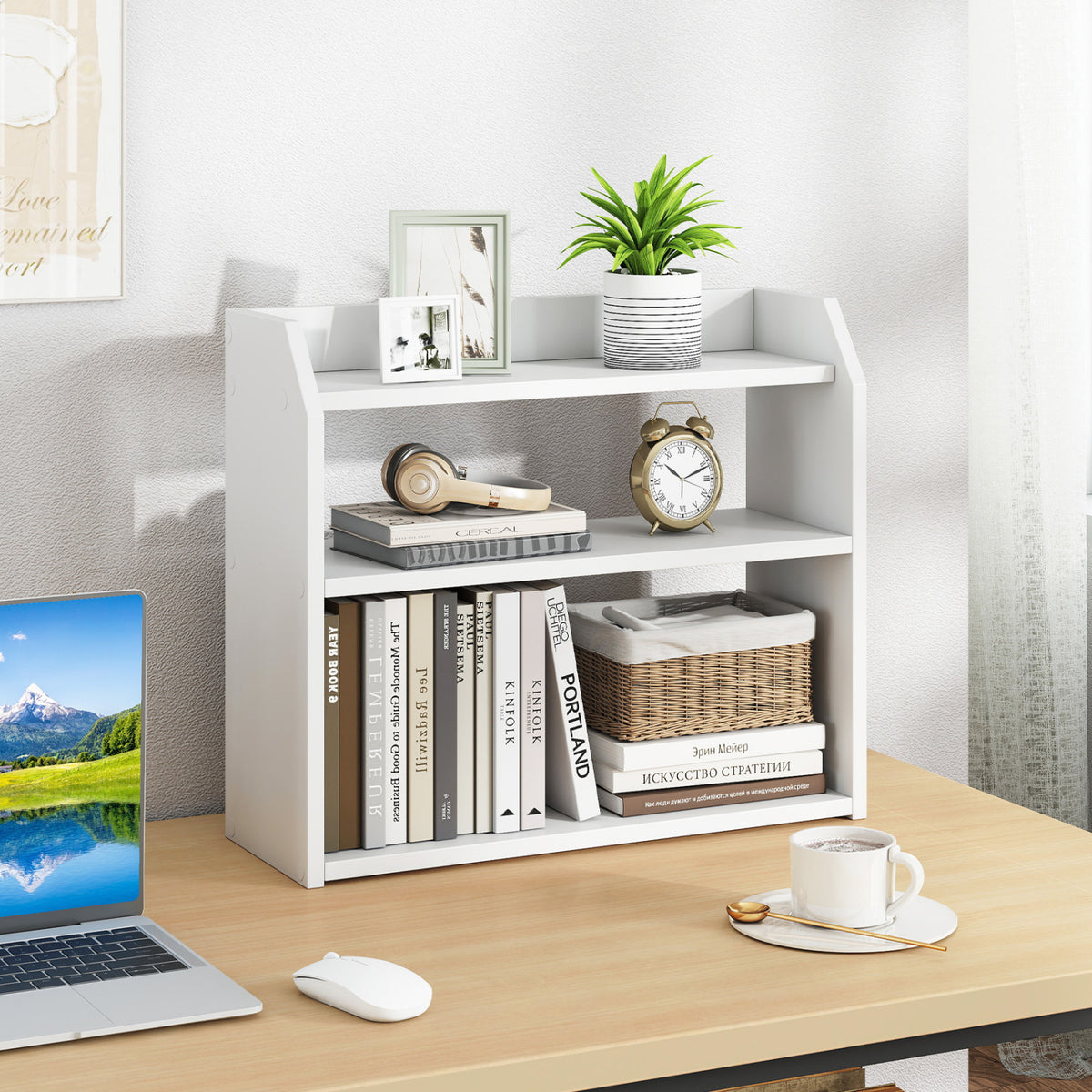 3-Tier Desktop Bookshelf with Guardrails - White