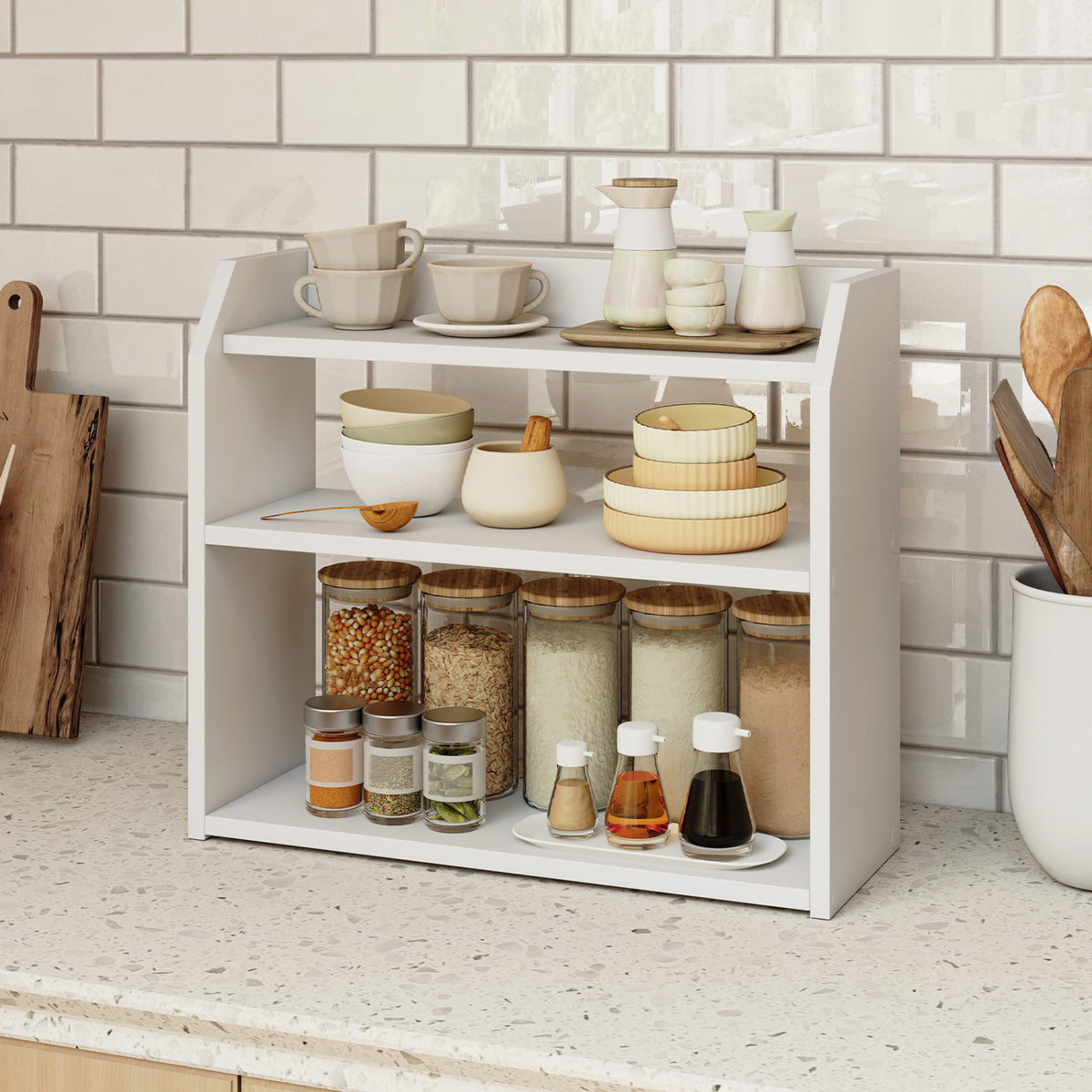 3-Tier Desktop Bookshelf with Guardrails - White