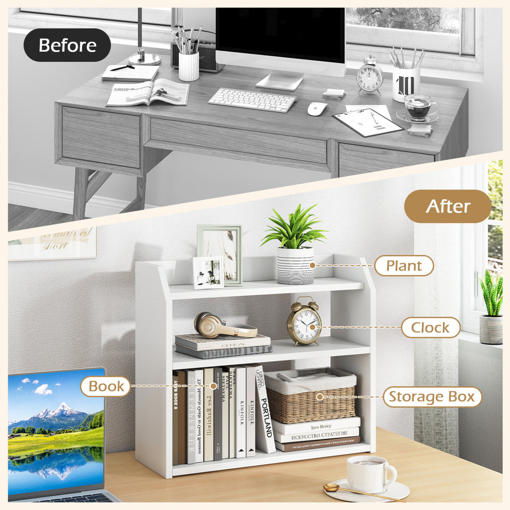 3-Tier Desktop Bookshelf with Guardrails - White