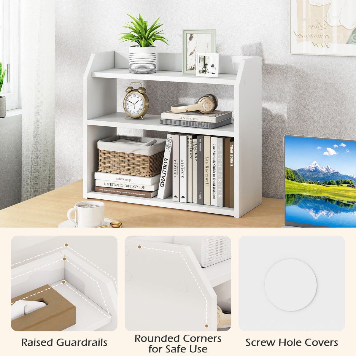 3-Tier Desktop Bookshelf with Guardrails - White