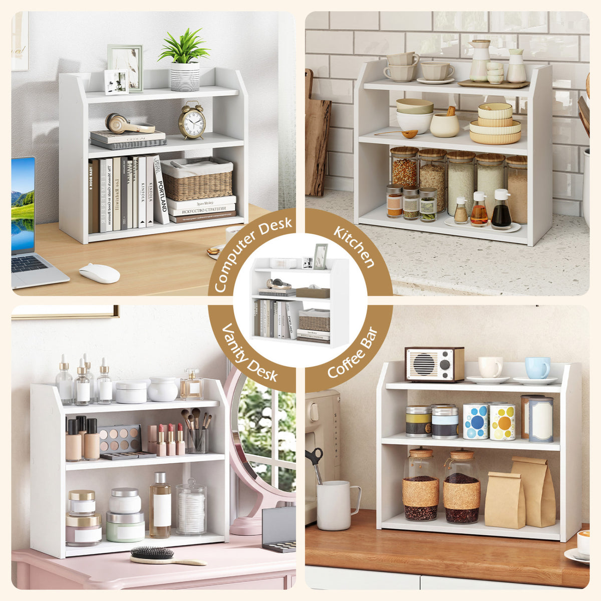 3-Tier Desktop Bookshelf with Guardrails - White