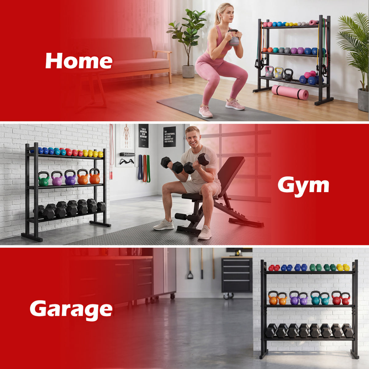 3-Tier Dumbbell Rack - Heavy-Duty Adjustable Weight Storage Stand - Black