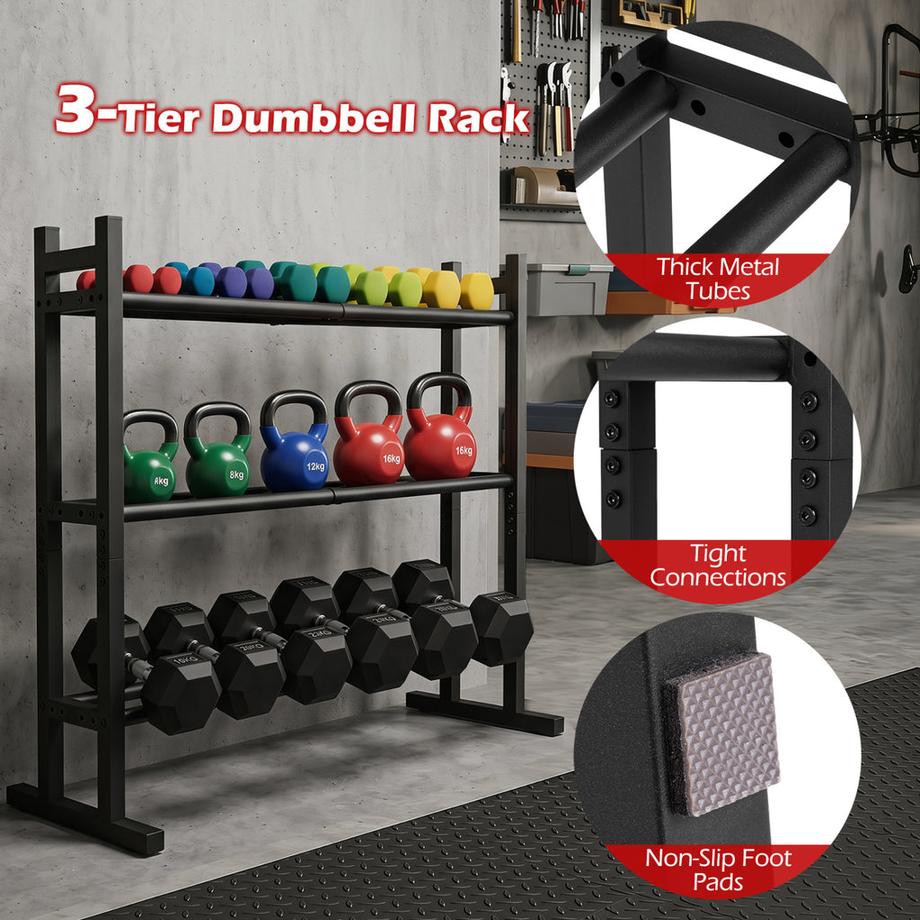 3-Tier Dumbbell Rack - Heavy-Duty Adjustable Weight Storage Stand - Black
