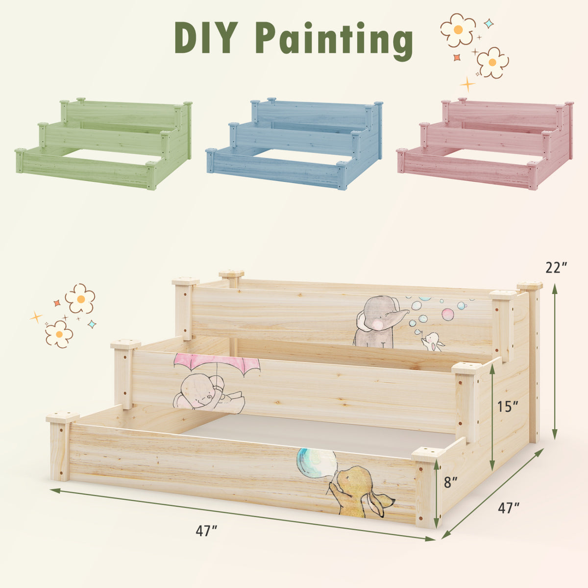 3-Tier Elevated Wooden Garden Planter Bed