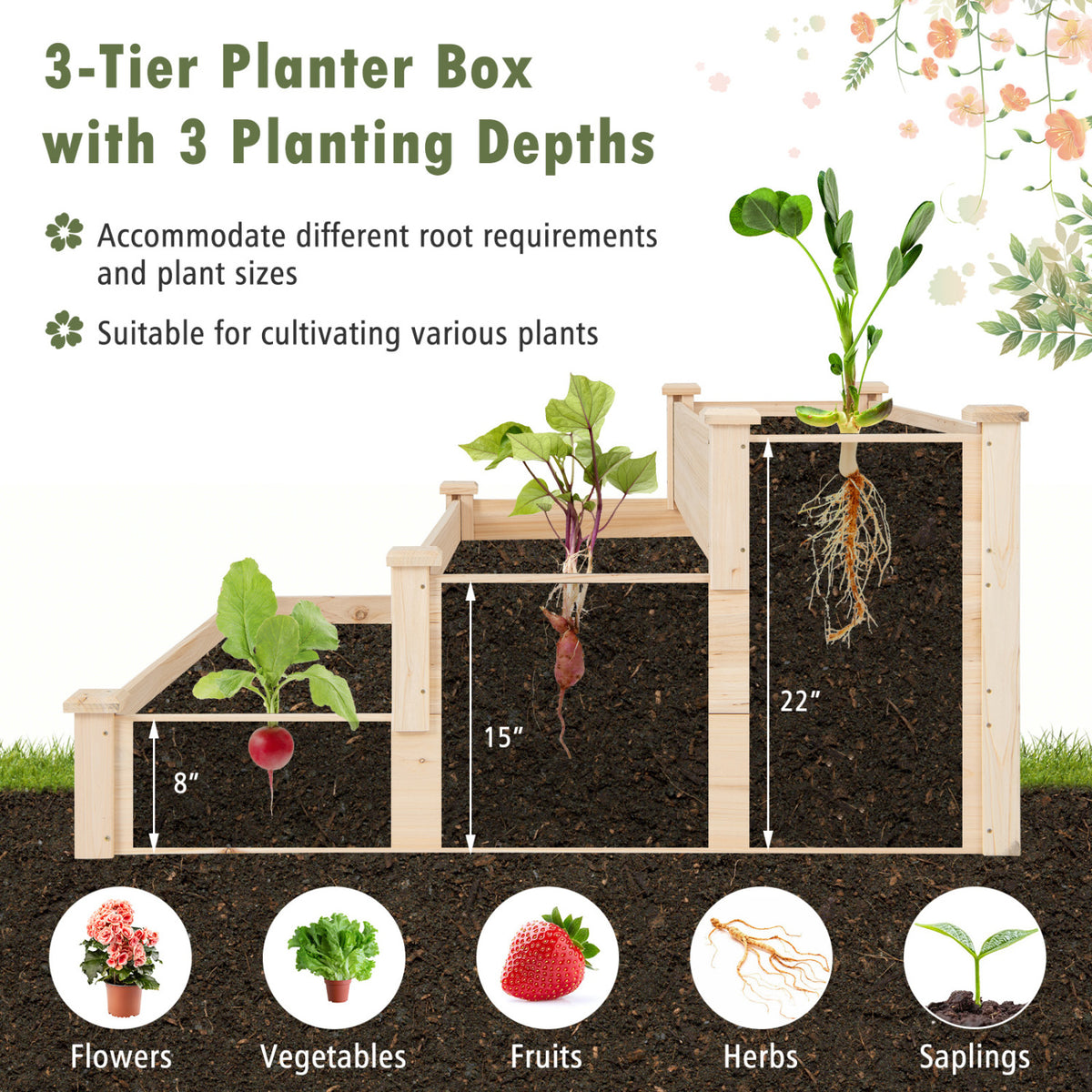 3-Tier Elevated Wooden Garden Planter Bed
