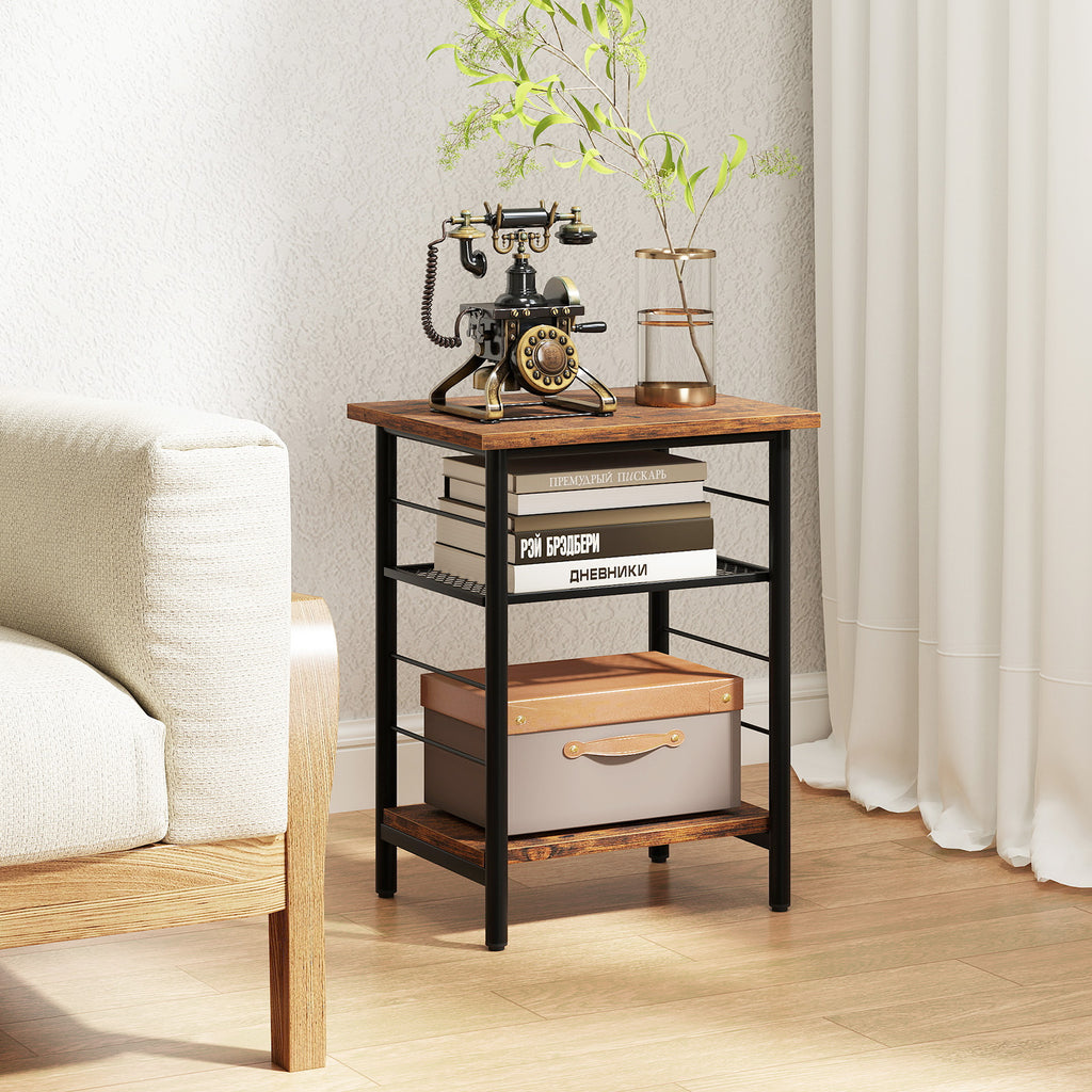 3-Tier End Table Set of 2 with Storage Shelves, Rustic Brown