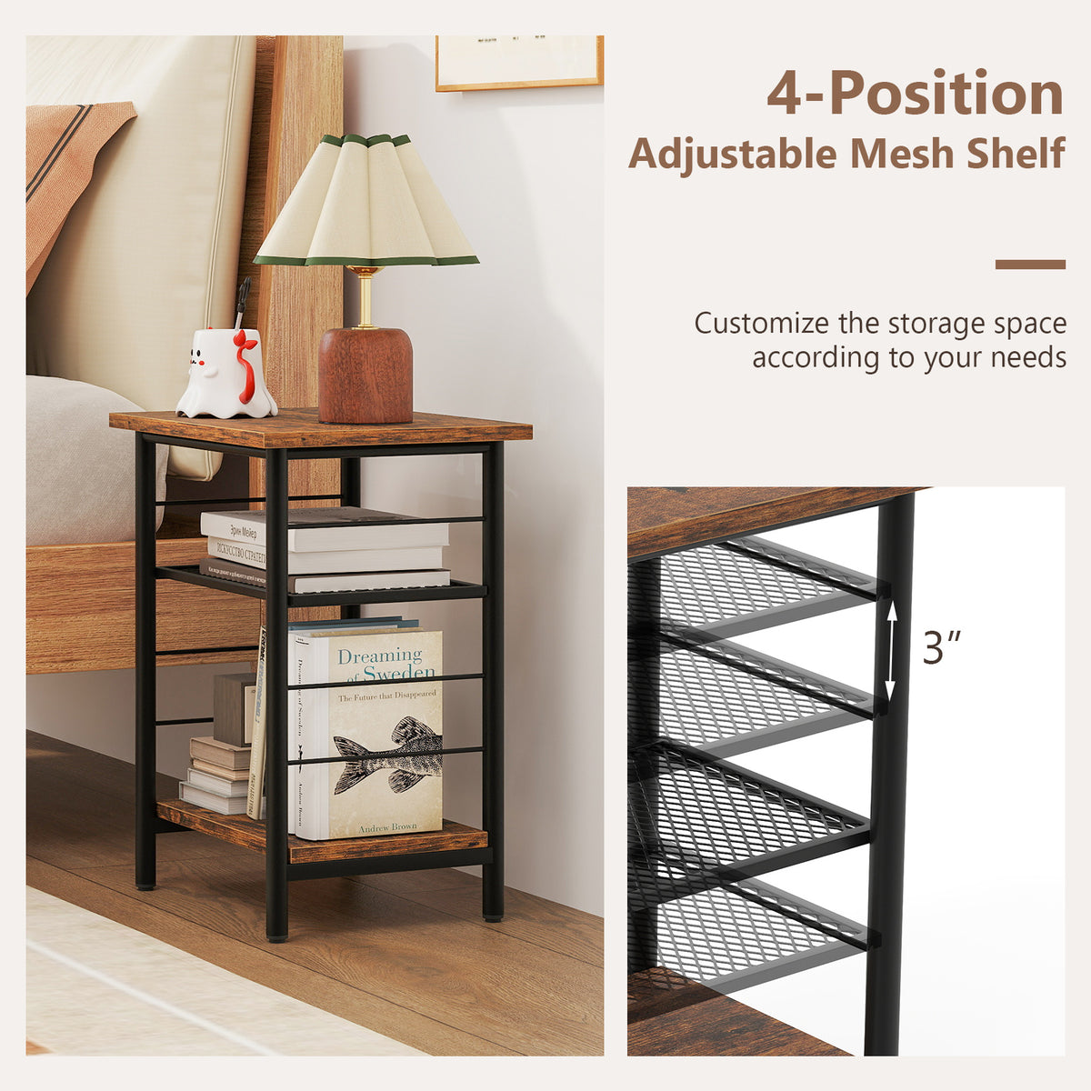 3-Tier End Table Set of 2 with Storage Shelves, Rustic Brown
