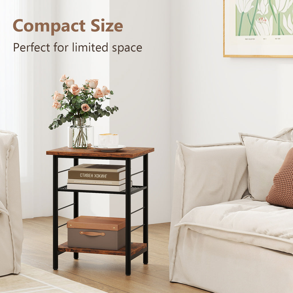 3-Tier End Table Set of 2 with Storage Shelves, Rustic Brown