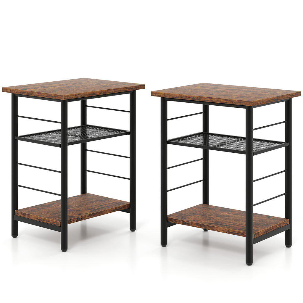 3-Tier End Table Set of 2 with Storage Shelves, Rustic Brown