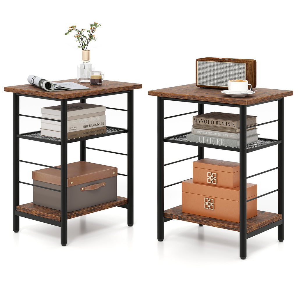 3-Tier End Table Set of 2 with Storage Shelves, Rustic Brown