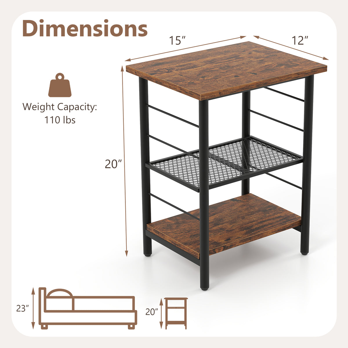 3-Tier End Table Set of 2 with Storage Shelves, Rustic Brown