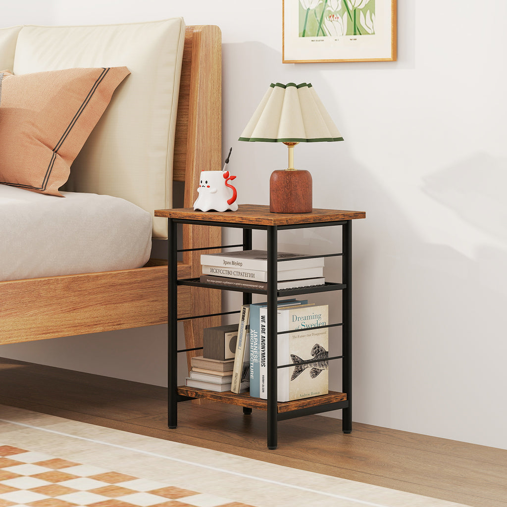 3-Tier End Table Set of 2 with Storage Shelves, Rustic Brown